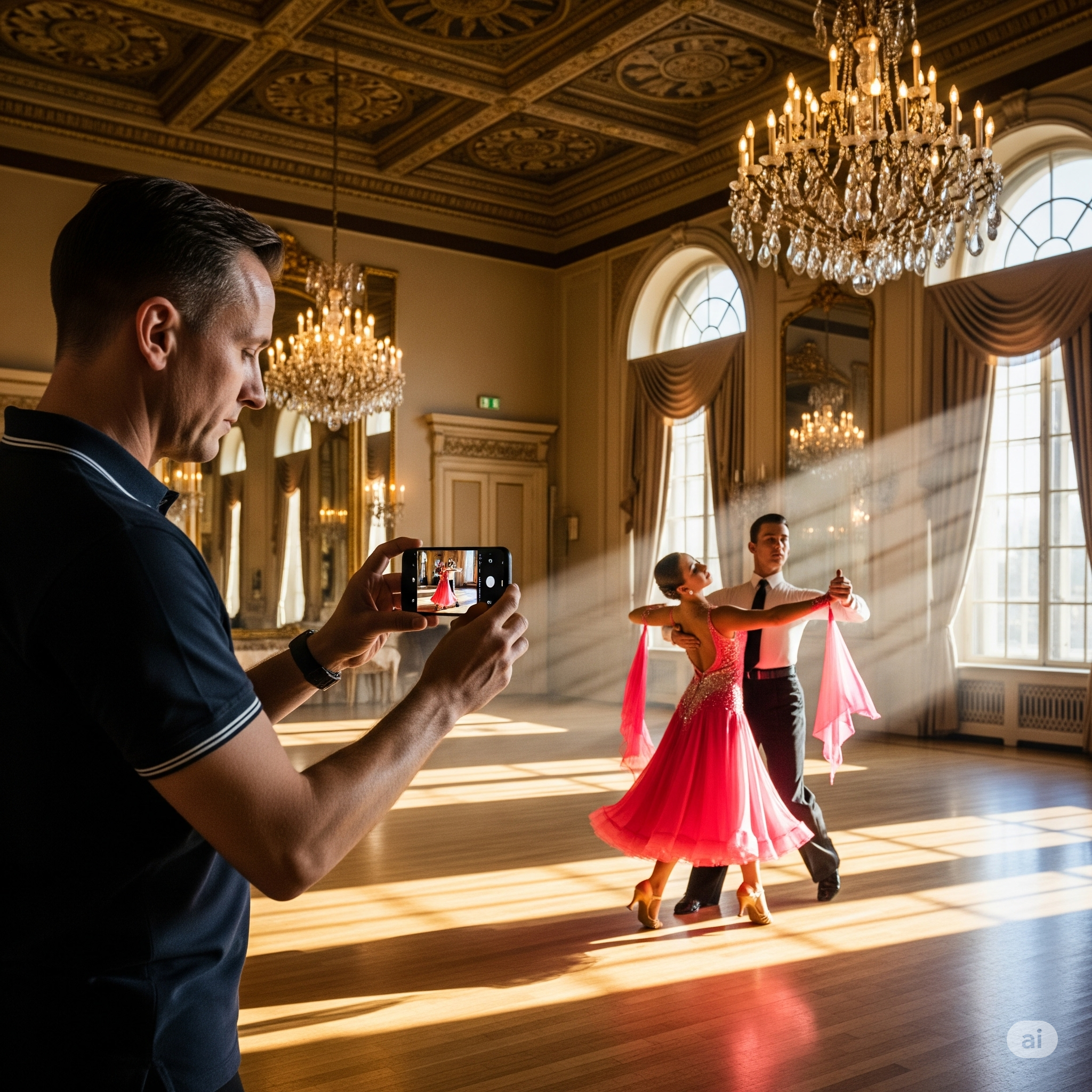 Coach videoing couple dancing in ballroom